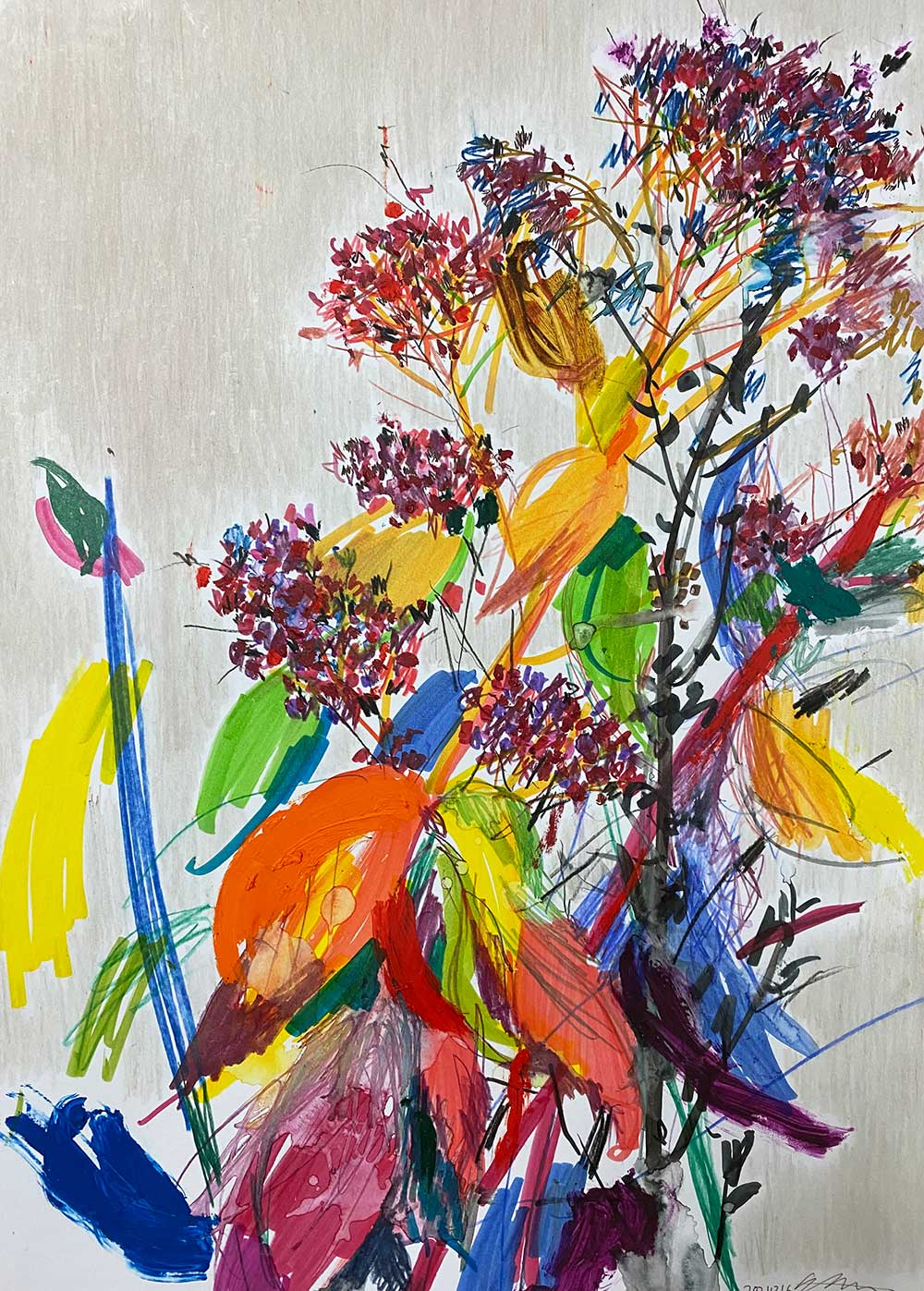 노정연_Garden stonecrop Ⅰ (꿩의 비름Ⅰ), acrylic, marker and oil stick on paper, 42 x 29.7 cm, 2021