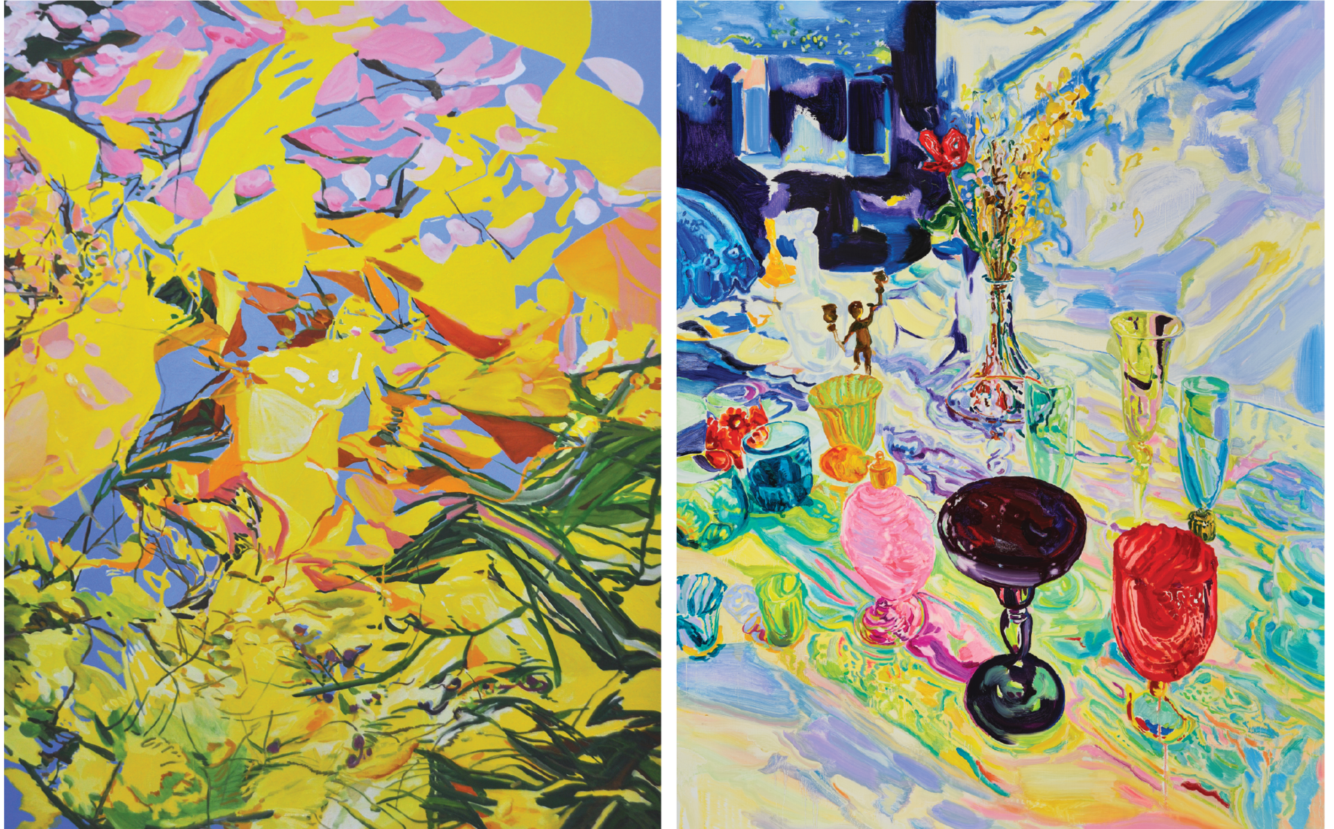 김지선/Journey to Spring, 캔버스에 유채, 오일스틱,  162.2x130.3cm, 2022-2023,    오지은/한낮의 베니스 상점, oil on canvas, 116.8 × 91.0cm, 2023