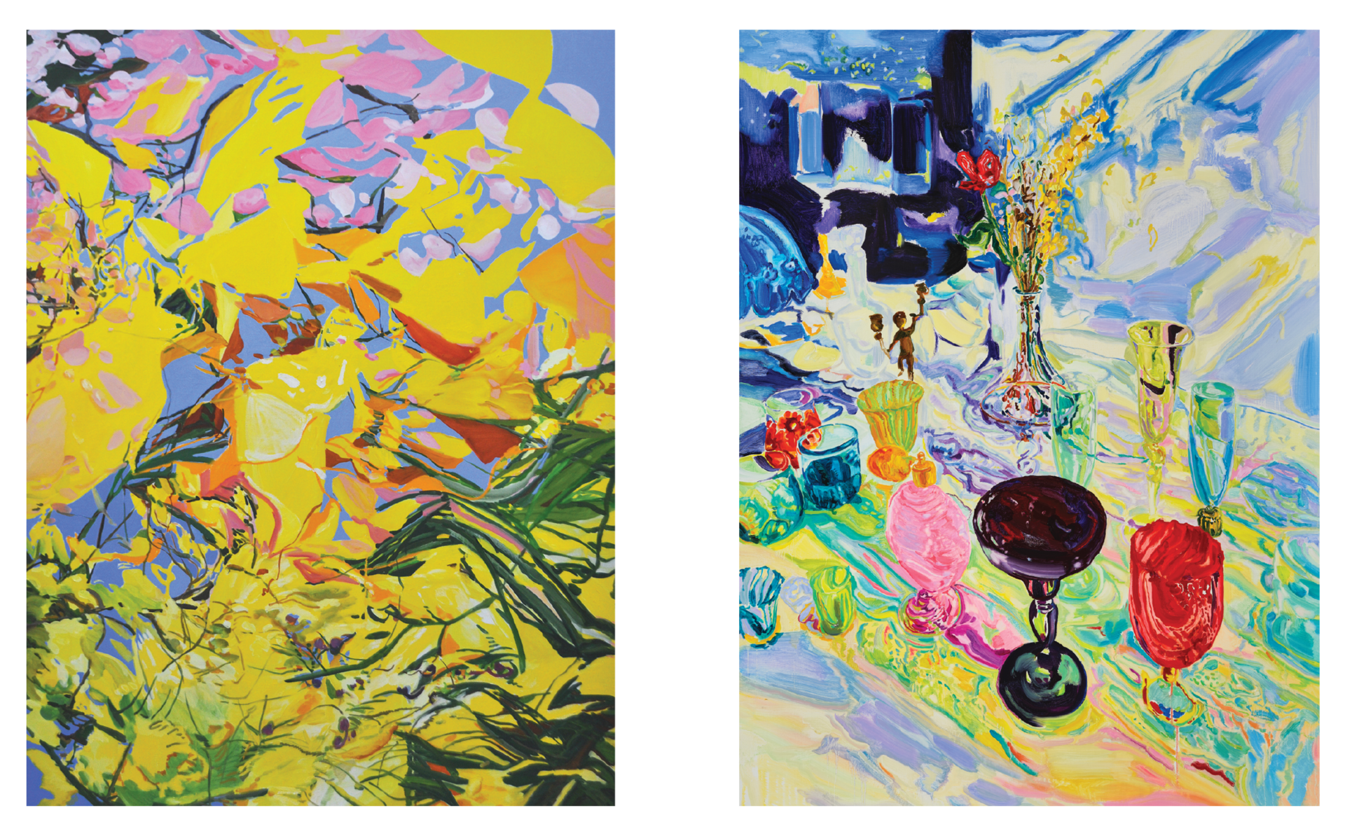 김지선/Journey to Spring, 캔버스에 유채, 오일스틱,  162.2x130.3cm, 2022-2023,              오지은/한낮의 베니스 상점, oil on canvas, 116.8 × 91.0cm, 2023