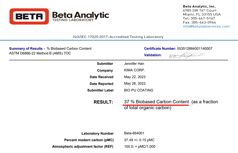 37% Biobased Carbon Content on KIMA BIO PU Coating