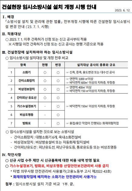 건설현장 임시소방시설의 종류와 설치기준 등 개정230701 시행 생명안전연구소 4031