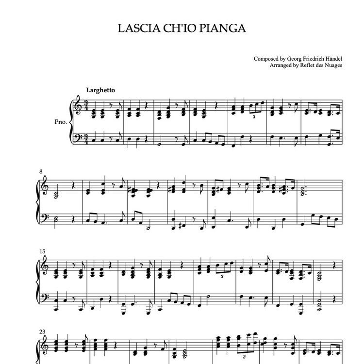 PIANO SOLO 楽譜] Lascia ch'io pianga ピアノ 編曲 楽譜
