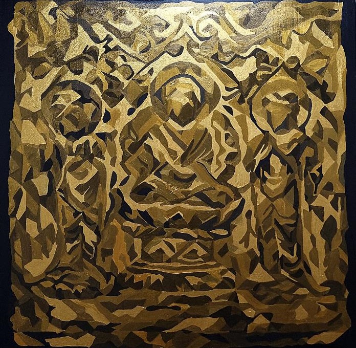 아미타삼존불 아카시아나무에 옻칠, 금, 혼합재료 61x61  2022