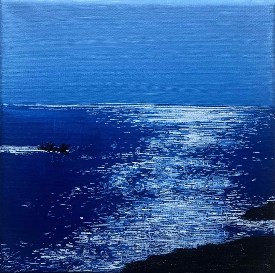 <윤슬로 향하는 검은 배>, 15x15cm, Oil on canvas, 2023