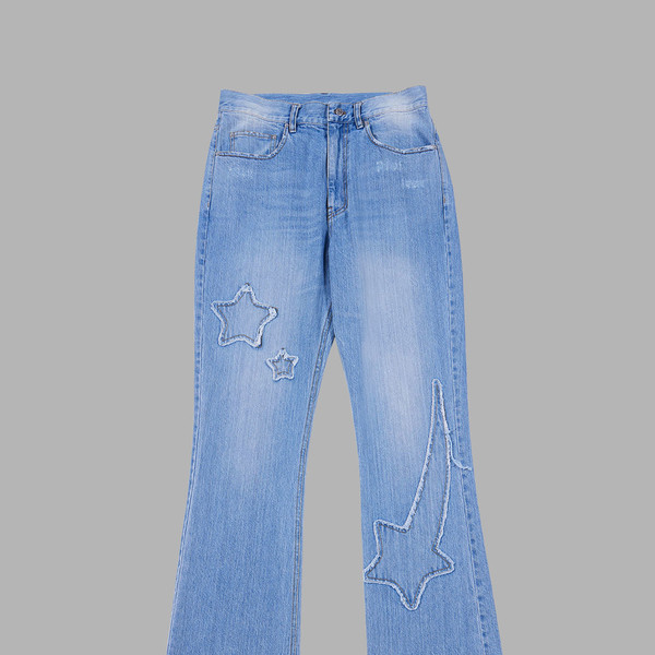 STAR DAMAGED BOOTSCUT DENIM PANTS (LIGHT BLUE) : THE MUSEUM VISITOR