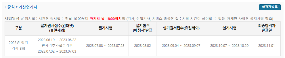 중식조리산업기사 시험일정