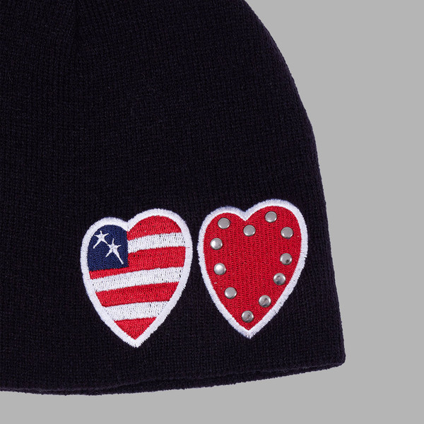 TWO HEART PATCH STITCHED BEANIE (BLACK) : THE MUSEUM VISITOR