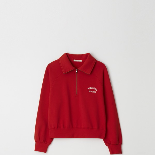 Half Zip Collar Embroider Sweatshirt Red