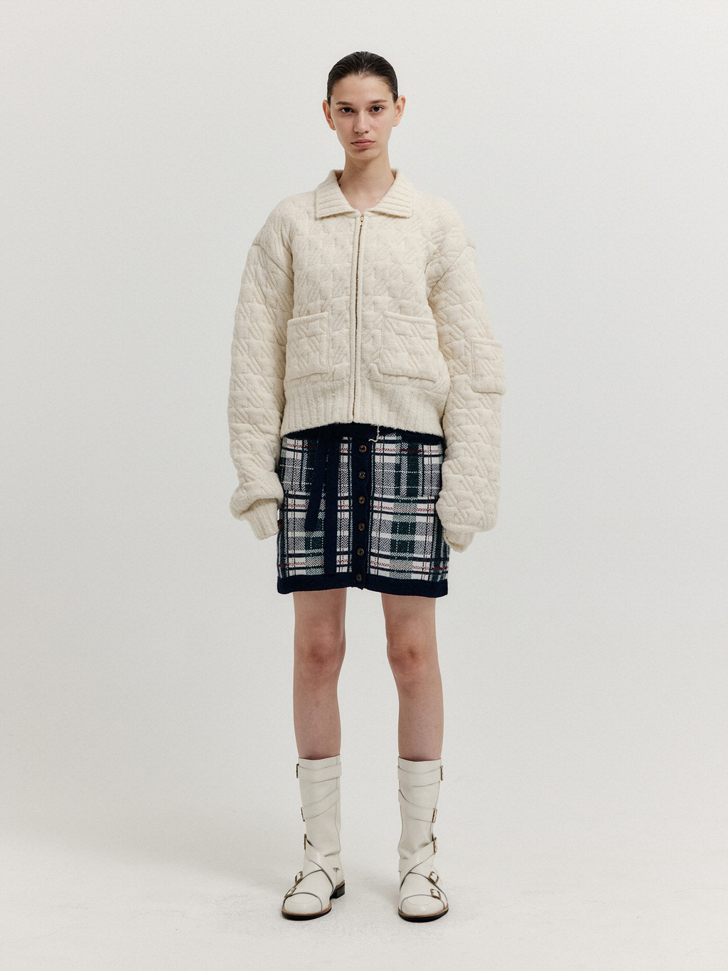 XELDA Textured Zip Cardigan - Ivory : EENK SHOP