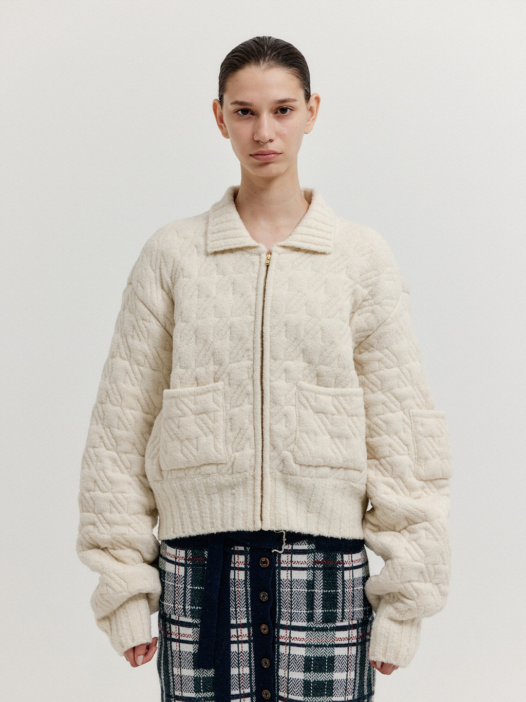 XELDA Textured Zip Cardigan - Ivory : EENK SHOP
