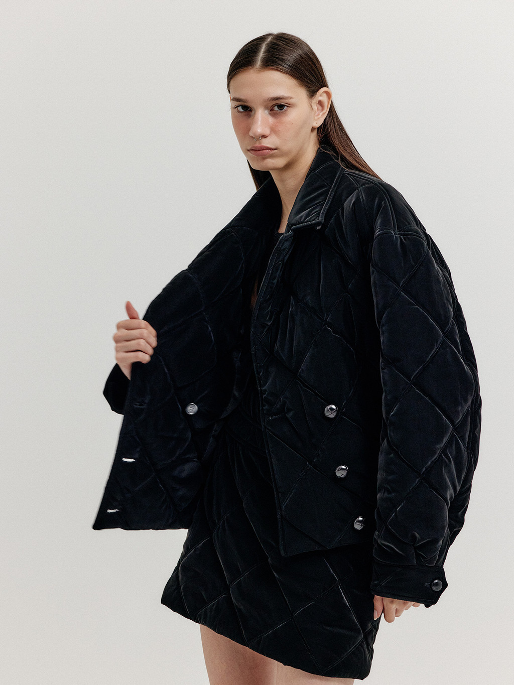 コート [EENK]XO Single Pocket Quilted Jacket - Black XO Single Pocket Quilted Jacket - Black : EENK SHOP