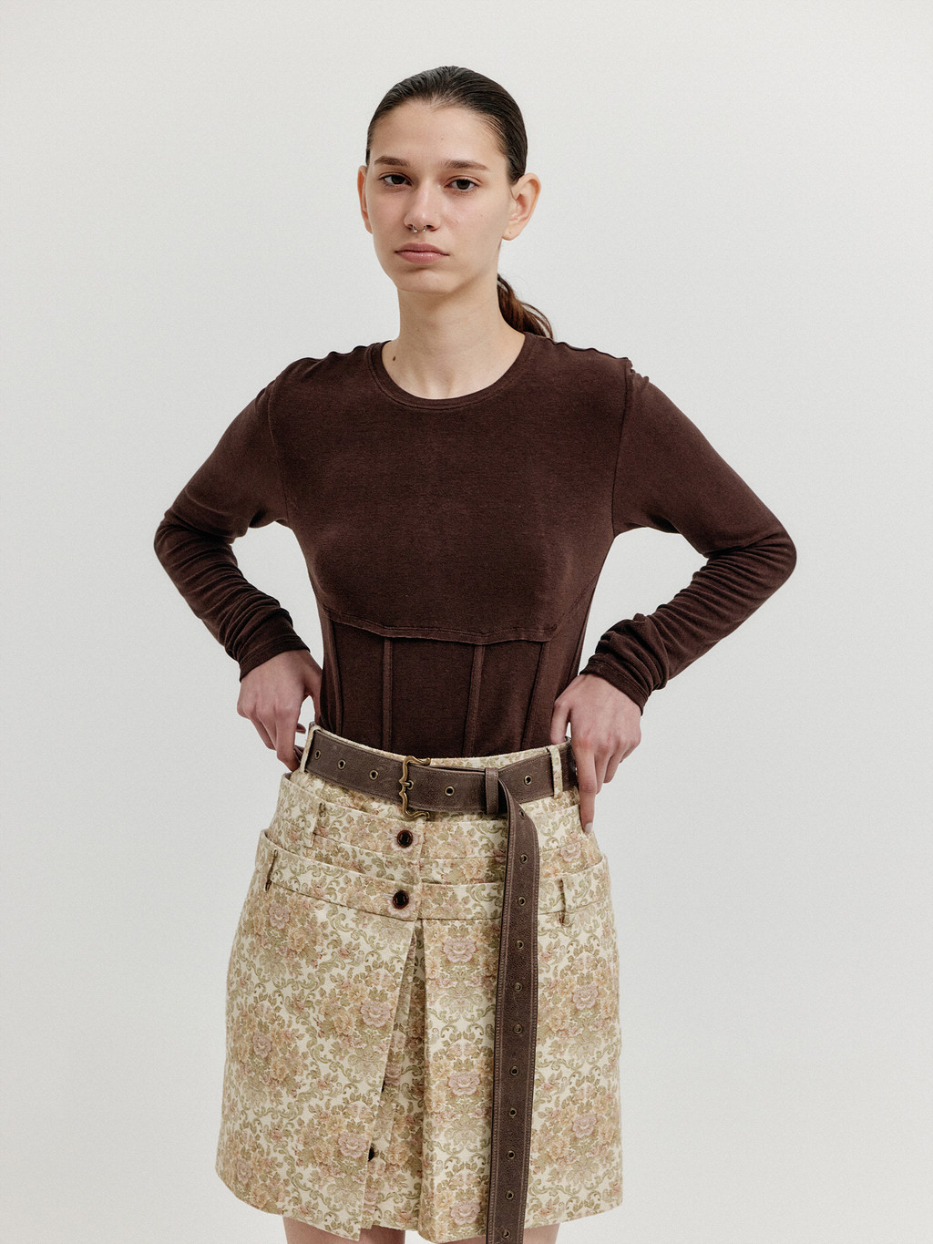 XIONY Long Sleeve Bustier T-shirt - Brown : EENK SHOP