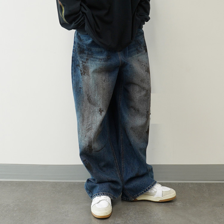 Oil dirty washed over denim pants maximus dirty jeans blue デニムパンツ ...