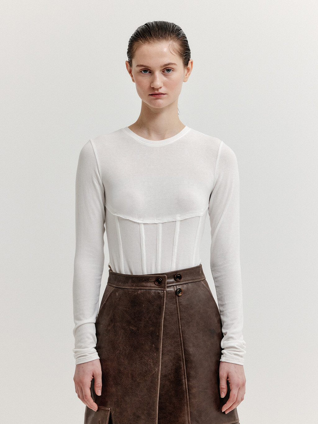 Tシャツ・カットソー RONRON KNOT BUSTIER RIBBON LONG SLEEVE T SHIRT WHITE KNOT BUSTIER RIBBON LONG SLEEVE T SHIRT WHITE BLACK - RONRON
