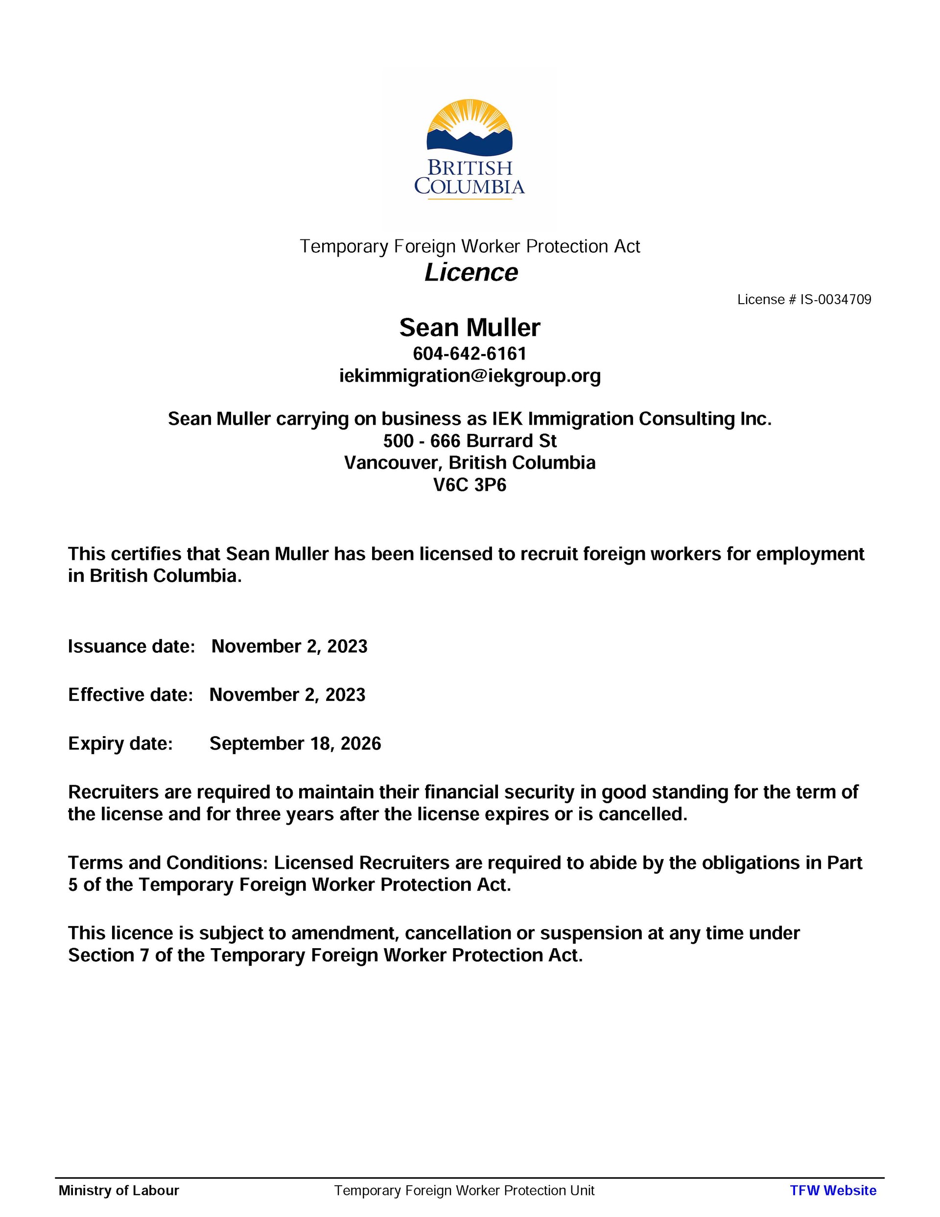 [Certificate of Recruit Foreign Workers for Employment in British Columbia]