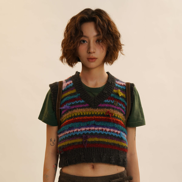 Moromoro vintage color striped bow sweater vest : 유스키트 YOUTHKIT