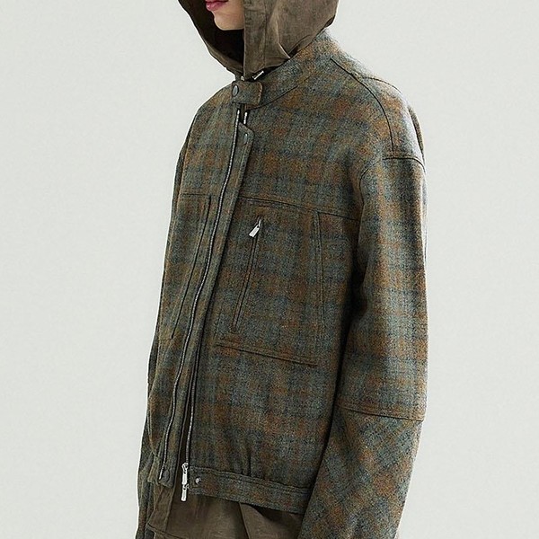 HALEINE 알렌느 WOOL CHECK CARPENTER DETAIL BIKER JACKET