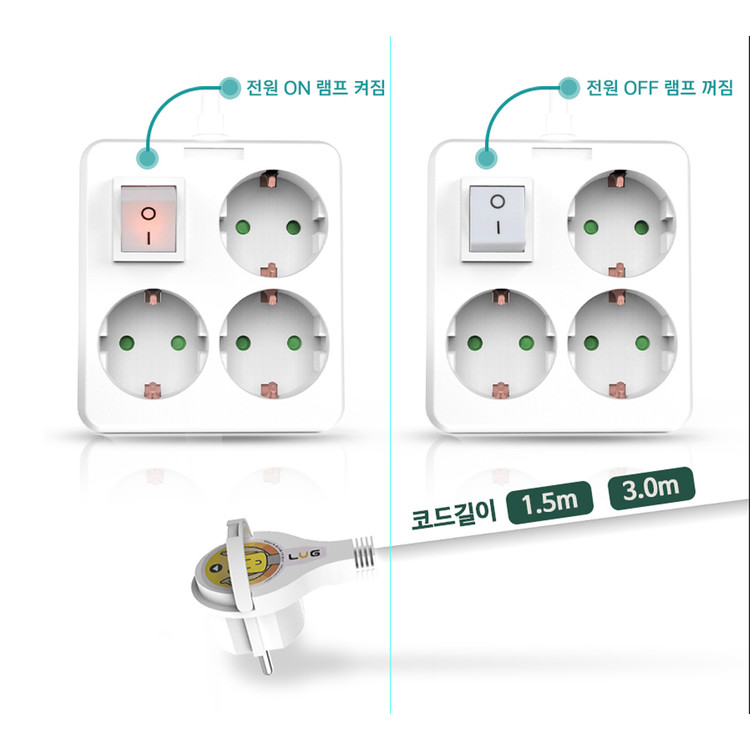 러그박스 사각 미니 3구 멀티탭 1.5m/3m 화이트