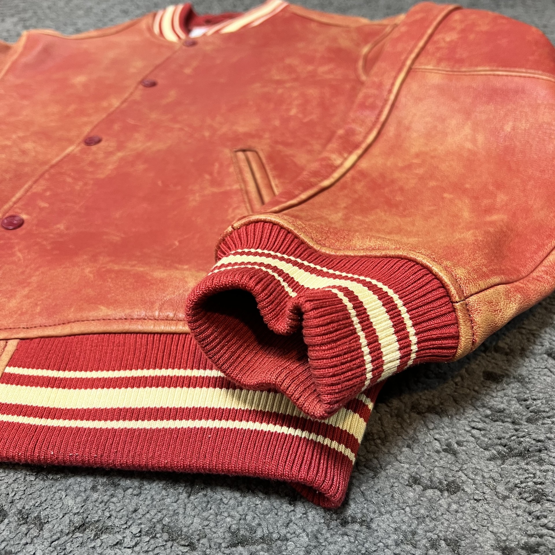 19ss supreme worn leather varsity jacket red sz.L soberseoul