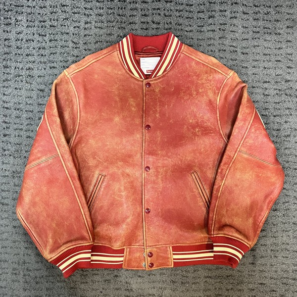 19ss supreme worn leather varsity jacket red sz.L soberseoul