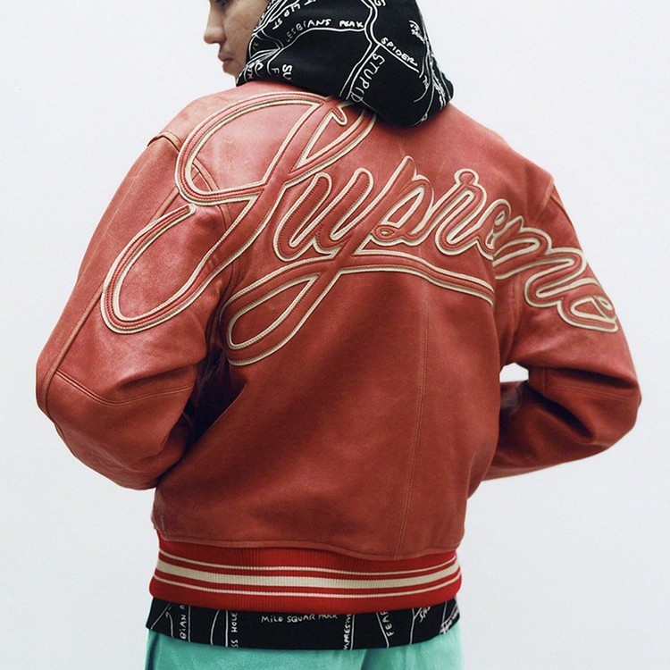 Supreme worn best sale leather varsity jacket