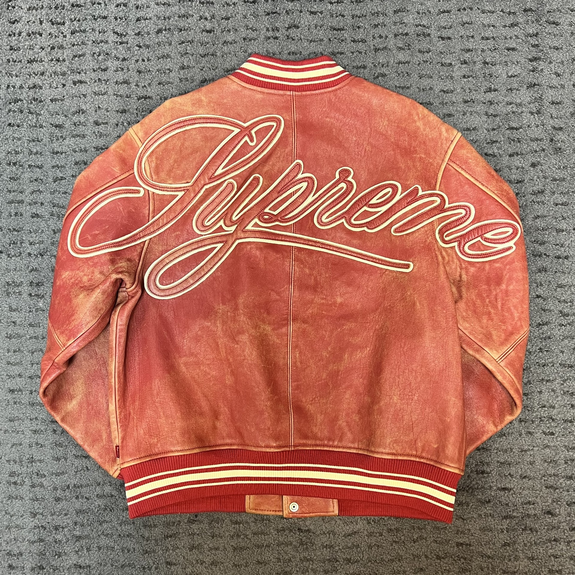 19ss supreme worn leather varsity jacket red sz.L soberseoul