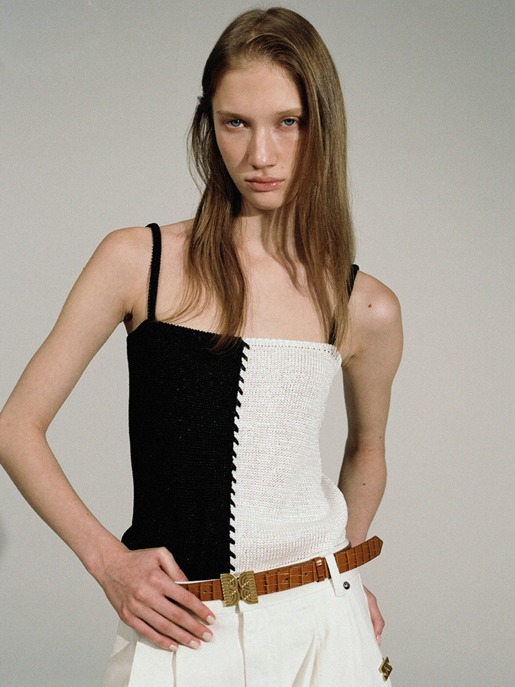 YON Stitched Color Block Knit Top Black White EENK