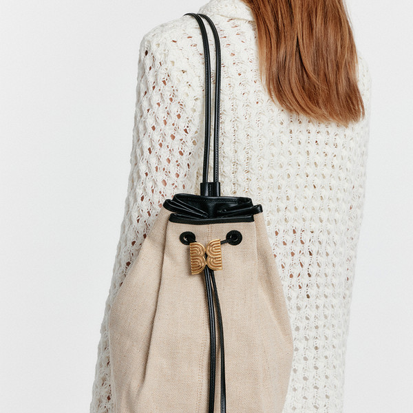 HOLLY Drawstring Backpack with Logo on Bottom - Beige/Black