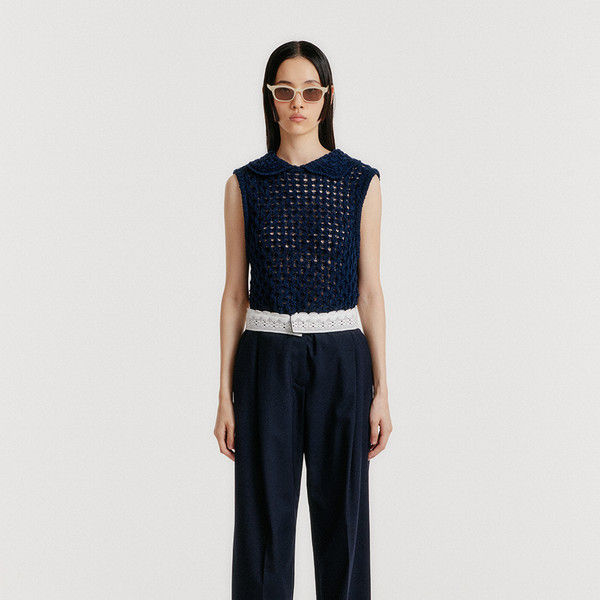 YELT Cable Knit Collared Top - Navy : EENK