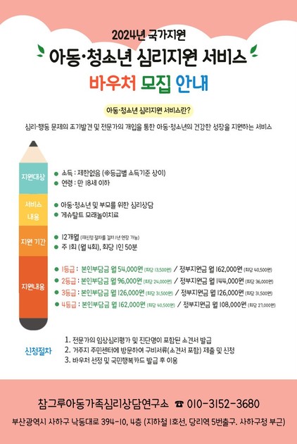 [2024년 국가지원 사업] ⭐아동·청소년 심리지원 서비스 바우처 모집 안내⭐ 참그루아동가족심리상담연구소