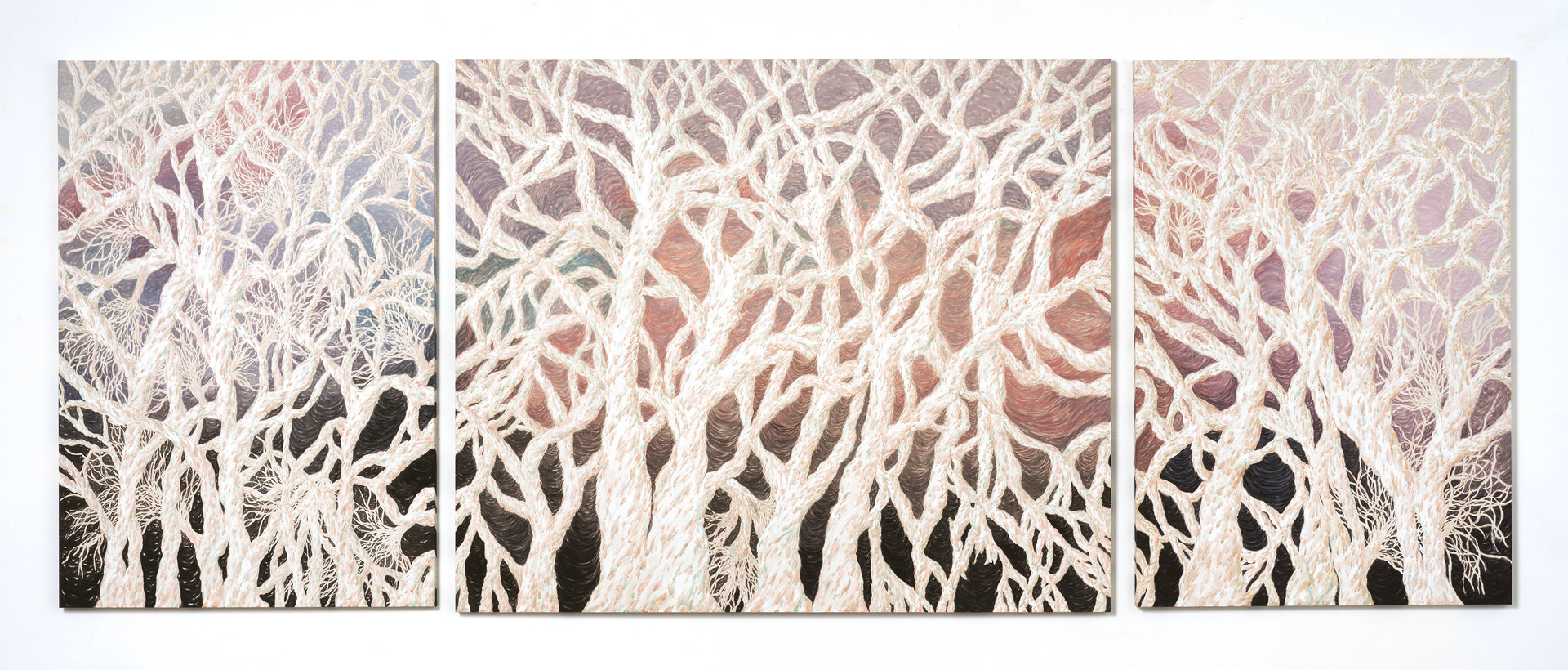 온도가 흐르는 숲(A forest with flowing temperatures), 2024, 장지에 분채, 호분 (Pigment powder, white pigment powder on Korean paper), 117 × 400 cm