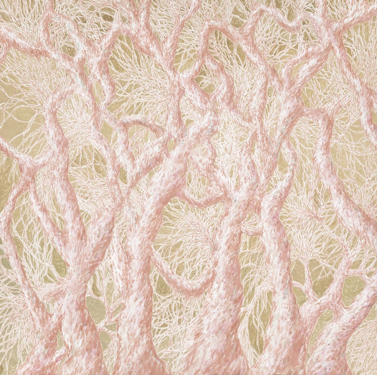살색 뿌리, 뿌리색 살(Skin-colored roots, root-colored skin), 2024, 장지에 분채, 호분 (Pigment powder, white pigment powder on Korean paper), 80 × 80 cm