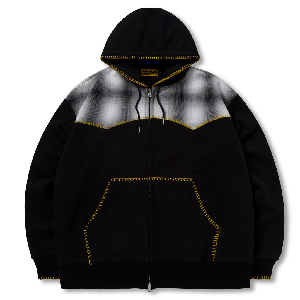 【Garments Fab】Blanket Stitch Check Hoodie Zip-Up Blanket Stitch Check Hoodie Zip-Up (BLACK) : 가먼츠팹