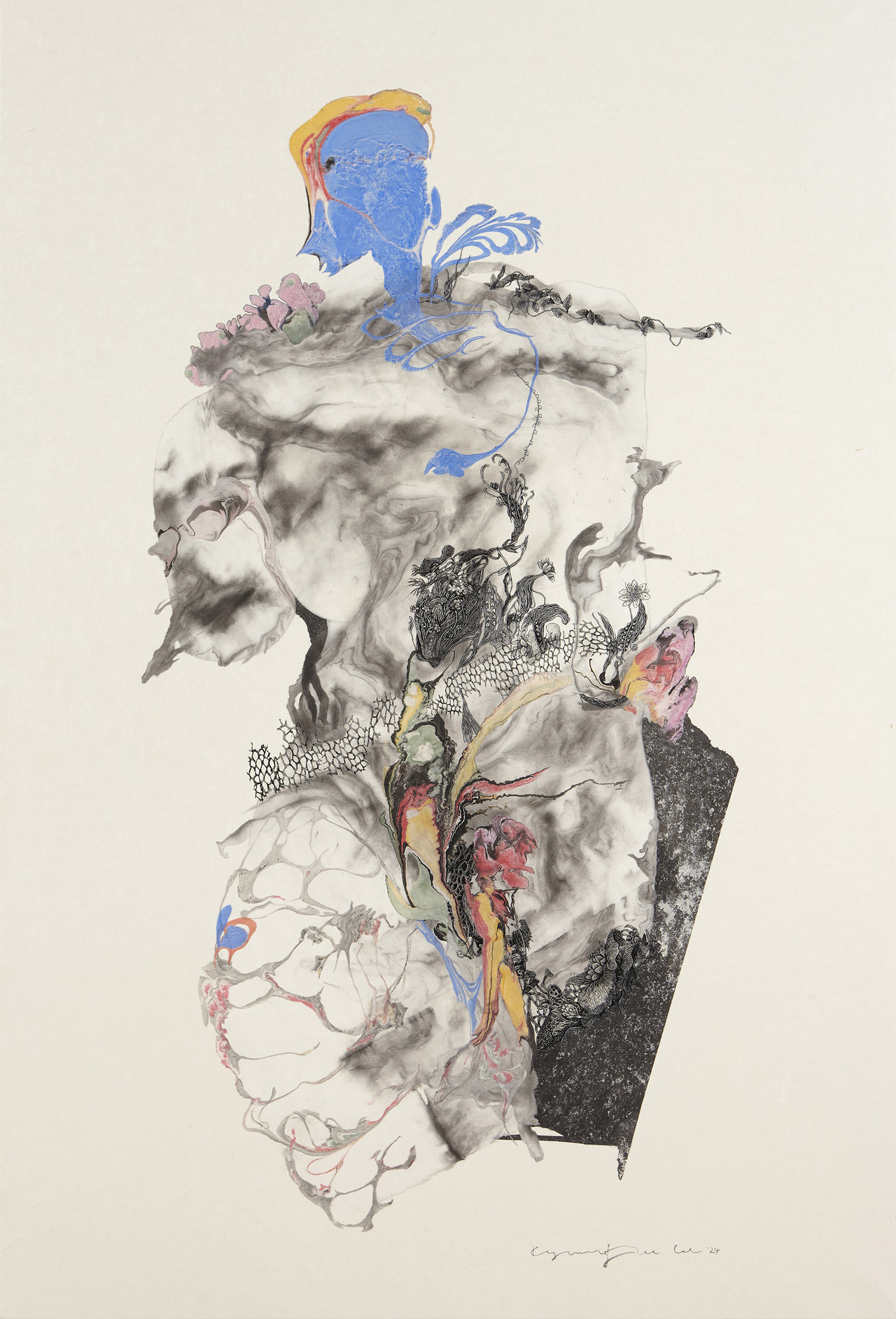 우연적 필연2499-void (110-75)cm, 우드인그레이빙 ,먹 콜라주, 2024 