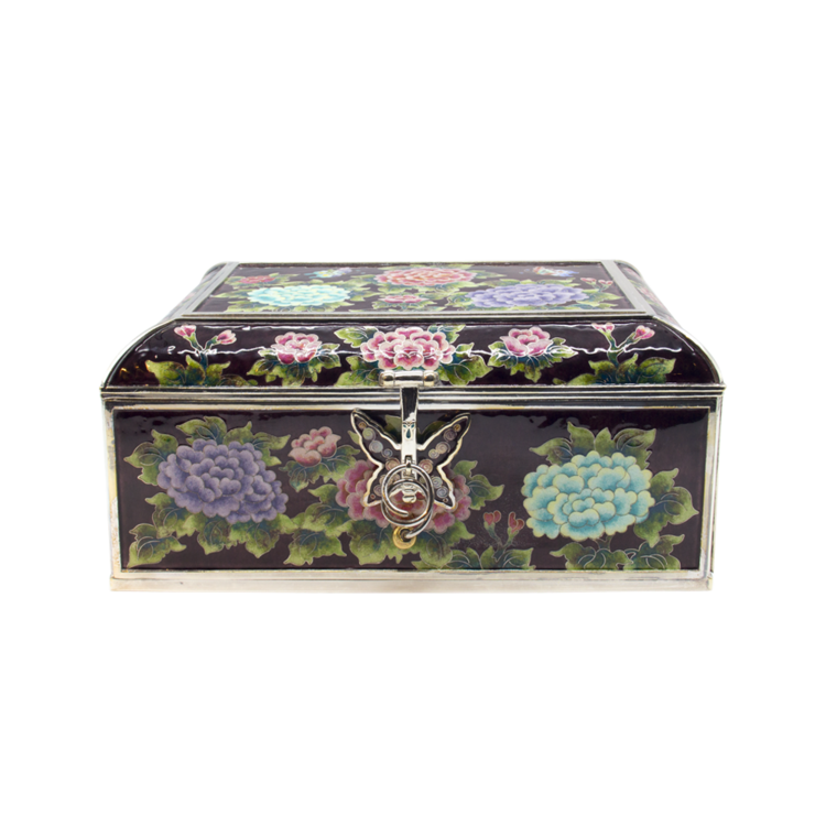 Peony and Butterfly Silver Cloisonné Jewelry Chest (magenta, large)