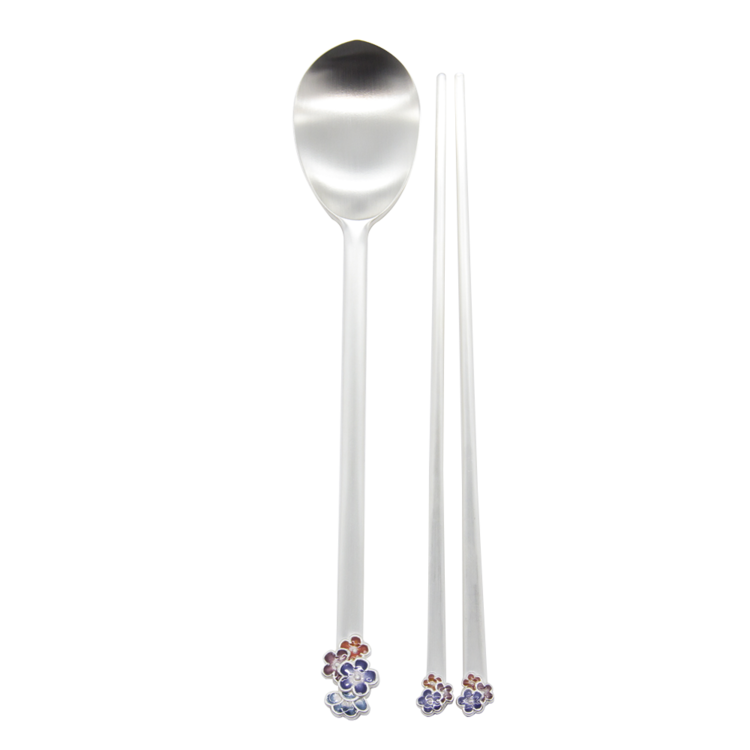 Plum Blossom Silver Cloisonné Spoon and Chopsticks Set (silver, for boys)