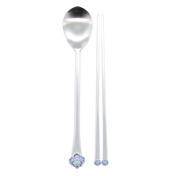 Peony Silver Cloisonné Spoon and Chopsticks Set (silver, for boys)