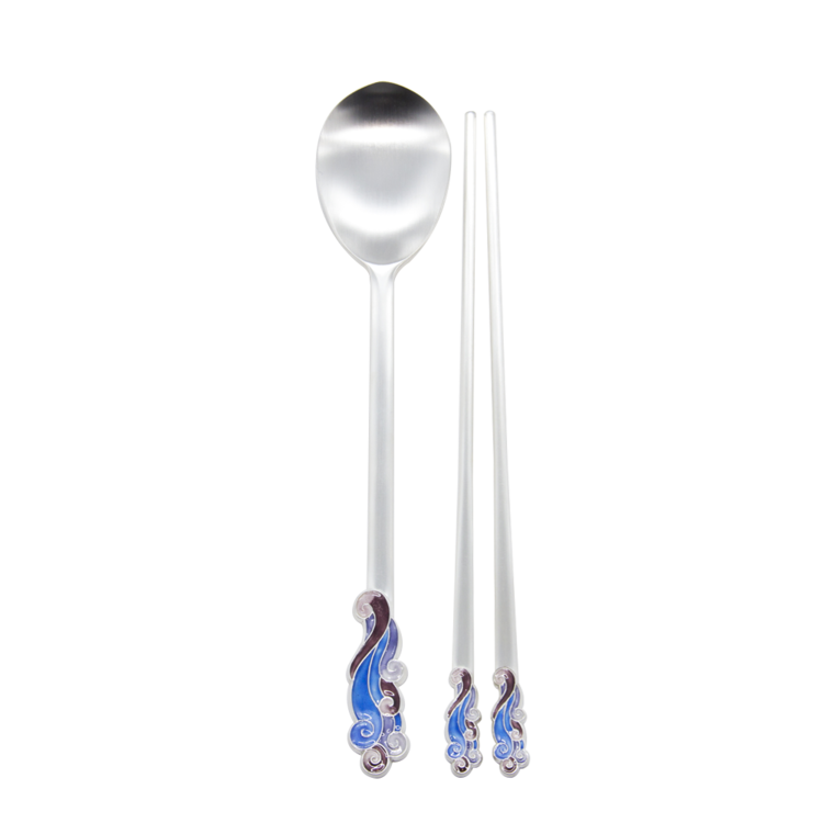 Cloud Silver Cloisonné Spoon and Chopsticks Set (silver, for girls)