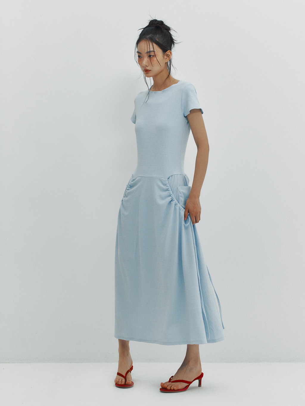 ★MEENDERI★SHIRRING POCKET MAXI DRESS - SKY BLUE★正規品 MEENDERI] SHIRRING POCKET MAXI DRESS - SKY BLUE