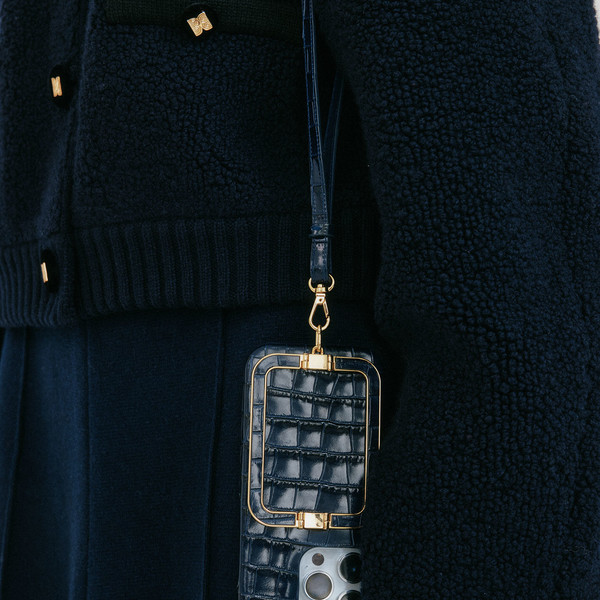 【EENK】Phone Case with Leather Strap Croco Navy☆大人気☆ EVENT] Phone Case with Leather Strap Croco Navy : EENK