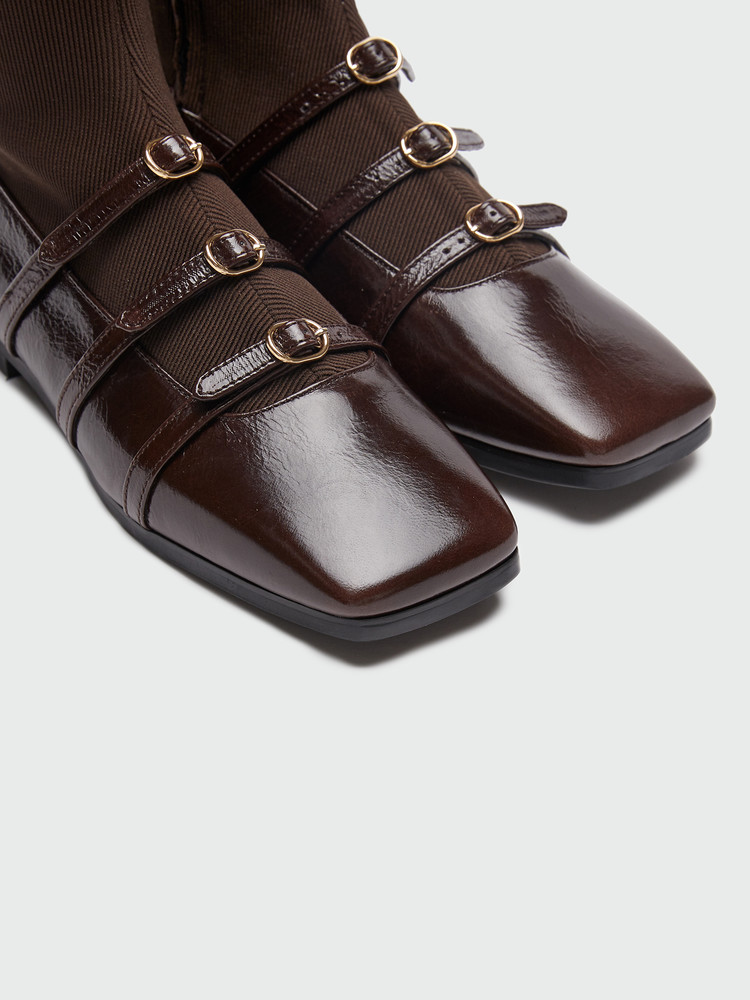ZANIA Triple Buckle Square Toe Flat Boots - Black : EENK