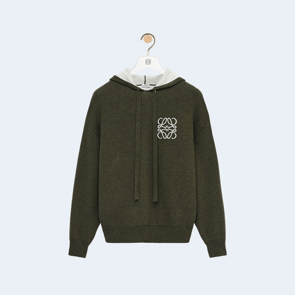 로에베 울 자카드 카키 후디