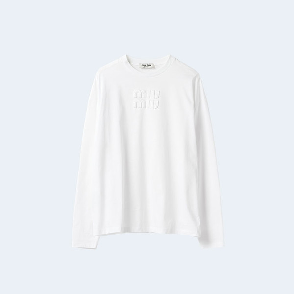 미우미우 엠브로이드 화이트 코튼 티셔츠