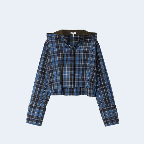 로에베 후드 크롭 체크 자켓
