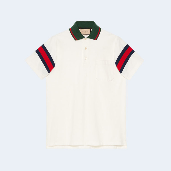 구찌 웹 코튼 그린 카라 저지 폴로 셔츠 화이트