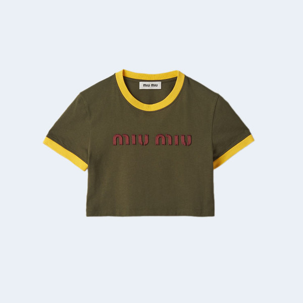미우미우 자수 코튼 저지 티셔츠