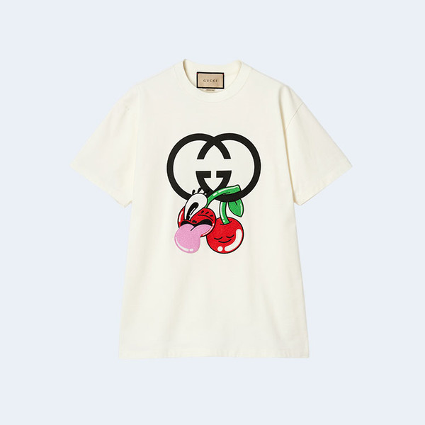 구찌 코튼 저지 체리 프린트 티셔츠 화이트