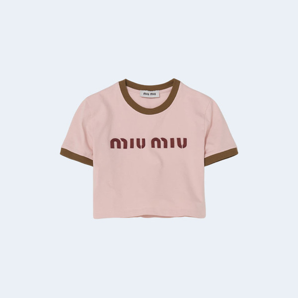 미우미우 핑크 & 카키 크롭 로고 티셔츠