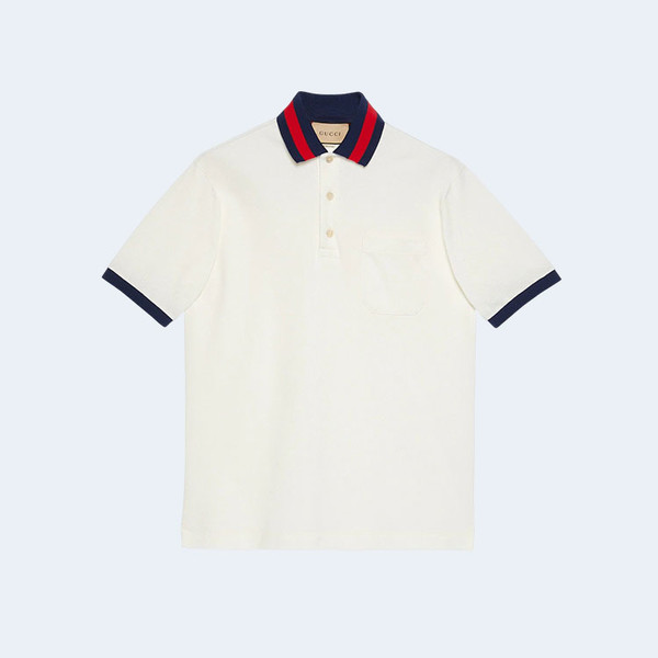 구찌 웹 카라 코튼 피케 폴로 셔츠 화이트