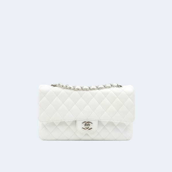 샤넬 클래식 미디움 카프스킨 화이트 실버